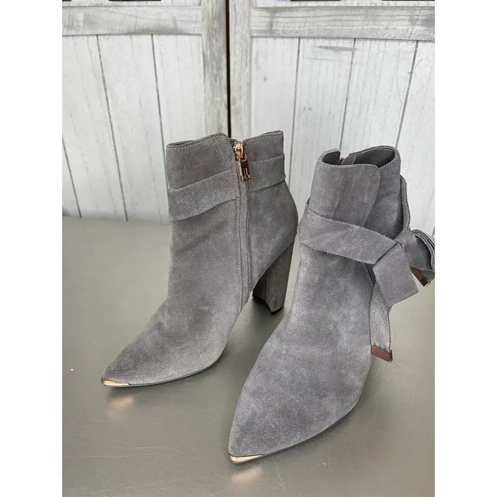 Ted Baker Ankle Boots Bow Accent Women Booties Leather Suede Gray Size 37 US 6